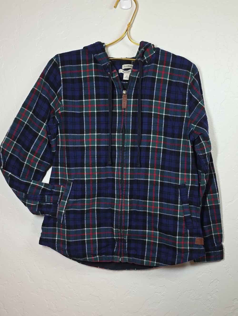 L.L. Bean Women's 100% Cotton Blue Scotch Plaid Flannel Shirt Relaxed Zip Hoodie